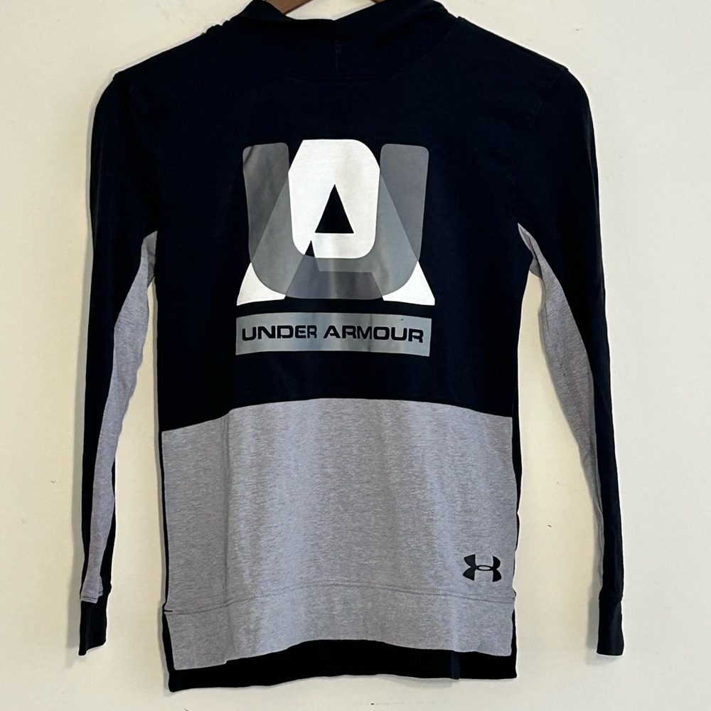 Under Armour Youth YLG HeatGear Loose Black Gray Hooded Long Sleeve Shirt